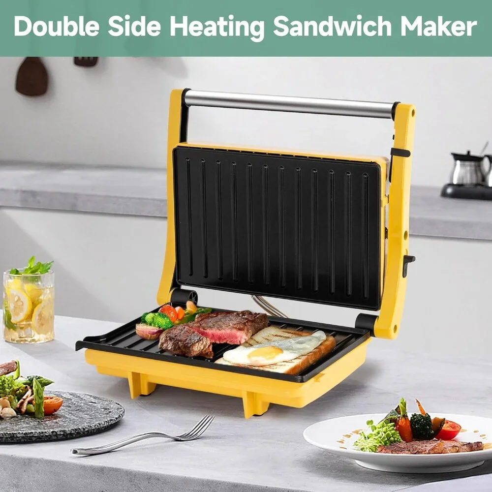 Panini Press Grill - Sandwich Maker with Non-Stick Cooking Plate Yellow